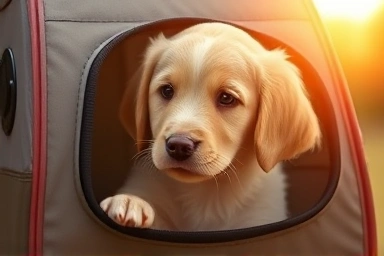 Curious puppy near soft-sided pet carrier