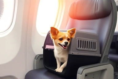 Dog in airline-approved carrier on airport seat, happy and calm.