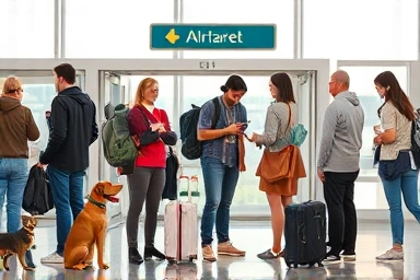 Pet owners and pets at airport gate, preparing for travel.