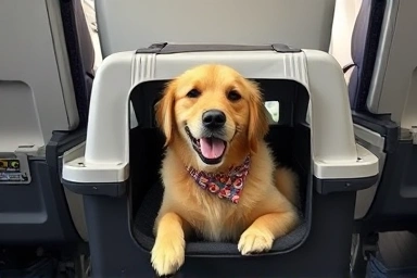 Dog in airplane seat with carrier