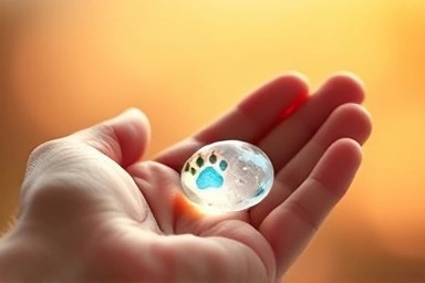 Hand holding luminous dog ash stone with paw print silhouette.