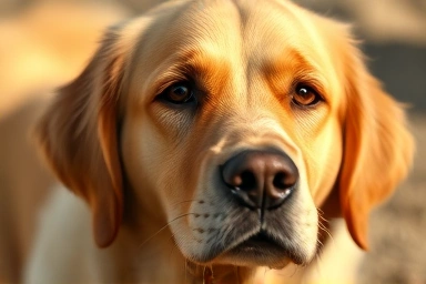 Sad golden retriever with skin redness, seeking comfort from owner.