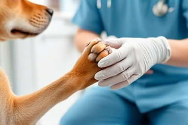 Veterinarian examining a dog's irritated paw with care.