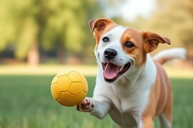 Happy dog playing fetch with safe rubber ball in park