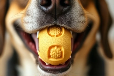 Dog's mouth gently holding safe dental chew toy
