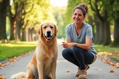 Happy dog and owner practicing obedience training in a park.