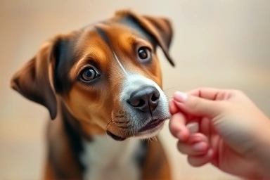 Dog's focused face during obedience training, owner offering reward.