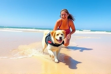 Happy dog and owner enjoying a summer beach day.