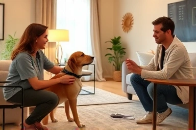 Dog trainer helping owner with dog behavior issues at home.
