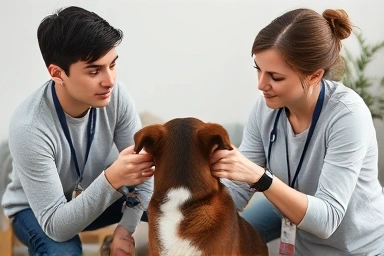 Dog trainer helping owner with behavioral issues
