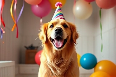 Happy dog celebrating birthday in a pet-friendly party venue.