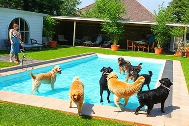 Outdoor dog party venue with pool and green space.
