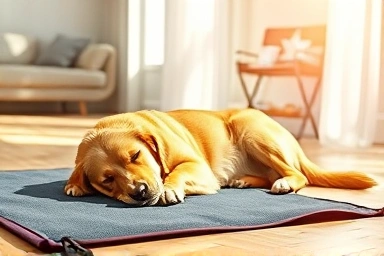 Golden retriever dog relaxing on a cooling mat indoors