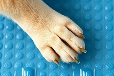 Close-up of dog paw on a cool gel dog mat