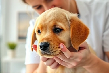 Veterinarian examining a puppy for behavioral issues.