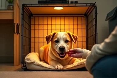 Happy dog resting in a cozy, secure crate.