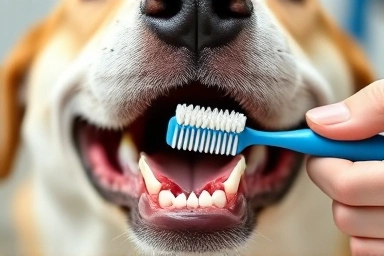 Close-up of healthy dog gums and teeth with toothbrush.