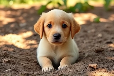Curious puppy looking up from digging in soft earth