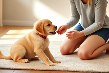 Dog trainer rewarding a Golden Retriever puppy for 'down' command.