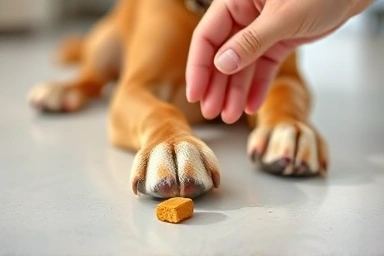 Close-up of dog's paws in 'down' position with treat.