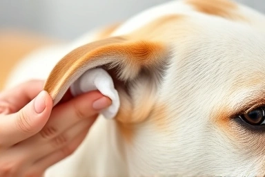 Dog ear cleaning with gentle solution and cotton pad.