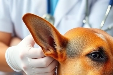 Veterinarian examining healthy dog ear canal for health.
