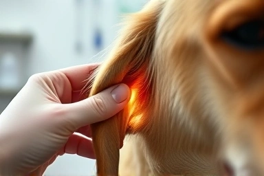 Veterinarian examining dog's healthy ear