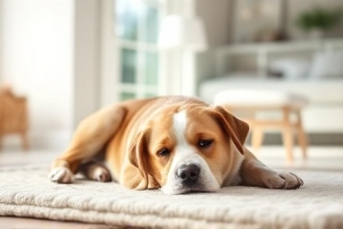 Calm dog relaxing indoors, peaceful pet behavior