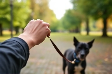Dog owner training dog on leash, calm walk