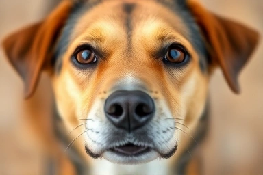 Healthy dog with clear, bright eyes looking at camera.