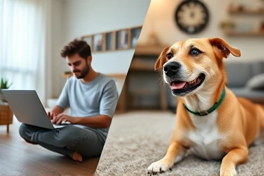 Busy owner and happy dog with automated feeder