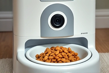 Close-up of smart dog feeder with camera