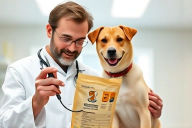 Veterinarian examines dog food ingredients for pet health.