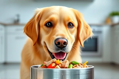 Happy dog eating fresh, healthy dog food.