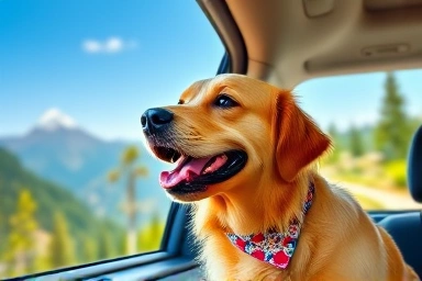 Happy dog looking out car window on scenic mountain trip