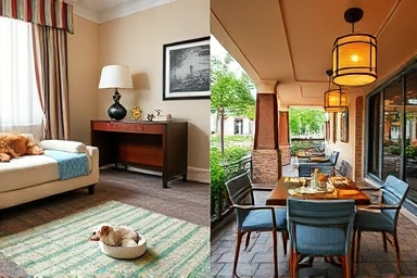 Pet-friendly hotel room and outdoor cafe patio for dogs