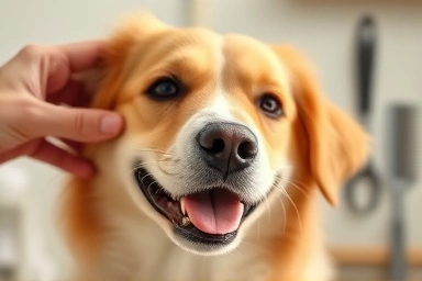 Happy dog enjoying gentle grooming, bonding with owner.