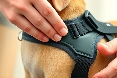 Close-up of hand adjusting dog harness fit