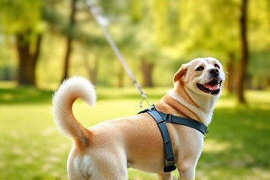 Happy dog wearing harness on a walk
