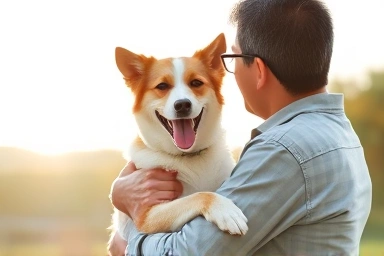 Owner and happy dog, symbolizing pet health and companionship.