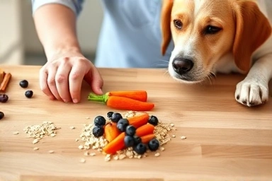 Homemade dog treat making with fresh ingredients, happy dog.