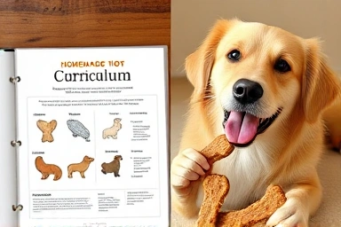 Dog treat making curriculum and happy dog enjoying treats.