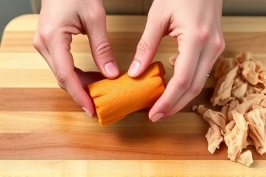 Hands making dog treats with sweet potato and chicken