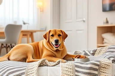Comfortable dog in a safe hotel room with familiar items.