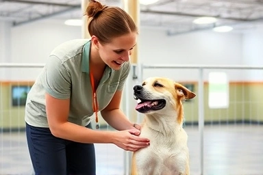 Professional dog handler playing with a happy dog.