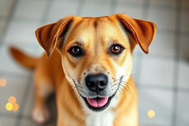 Happy, healthy dog with clear eyes and shiny coat.