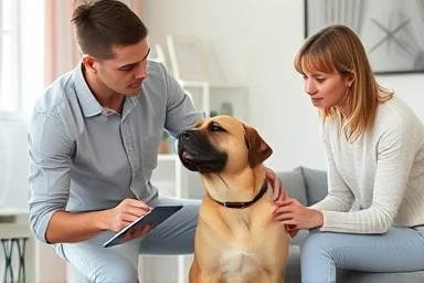 Dog trainer guiding owner for effective in-home training