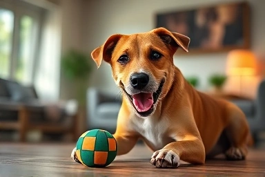 Dog playing with puzzle toy, symbolizing intelligence and engagement.