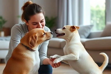 Owner training a jumping puppy using positive reinforcement