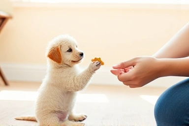 Puppy sitting calmly for a treat, reward for good behavior